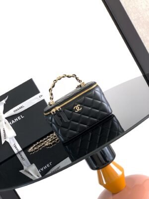 Chanel Black Lambskin Quilted Small CC Dynasty Vanity Case With Chain