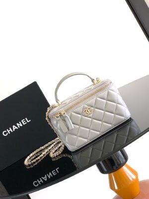 Chanel Grey Lambskin Quilted Small CC Dynasty Vanity Case With Chain