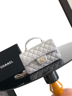 Chanel Lambskin Quilted Mini Top Handle Rectangular Flap Grey