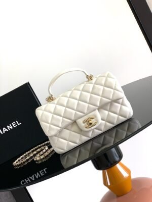 Chanel Lambskin Quilted Mini Top Handle Rectangular Flap White