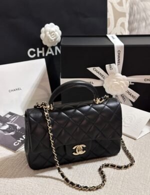 Chanel Lambskin Quilted Mini Top Handle Rectangular Flap Black