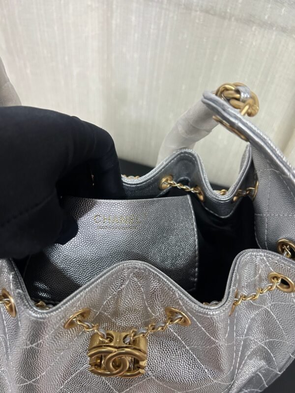 Chanel 25 Small Handbag Metallic Grained Calfskin & Gold-Tone Metal Silvery